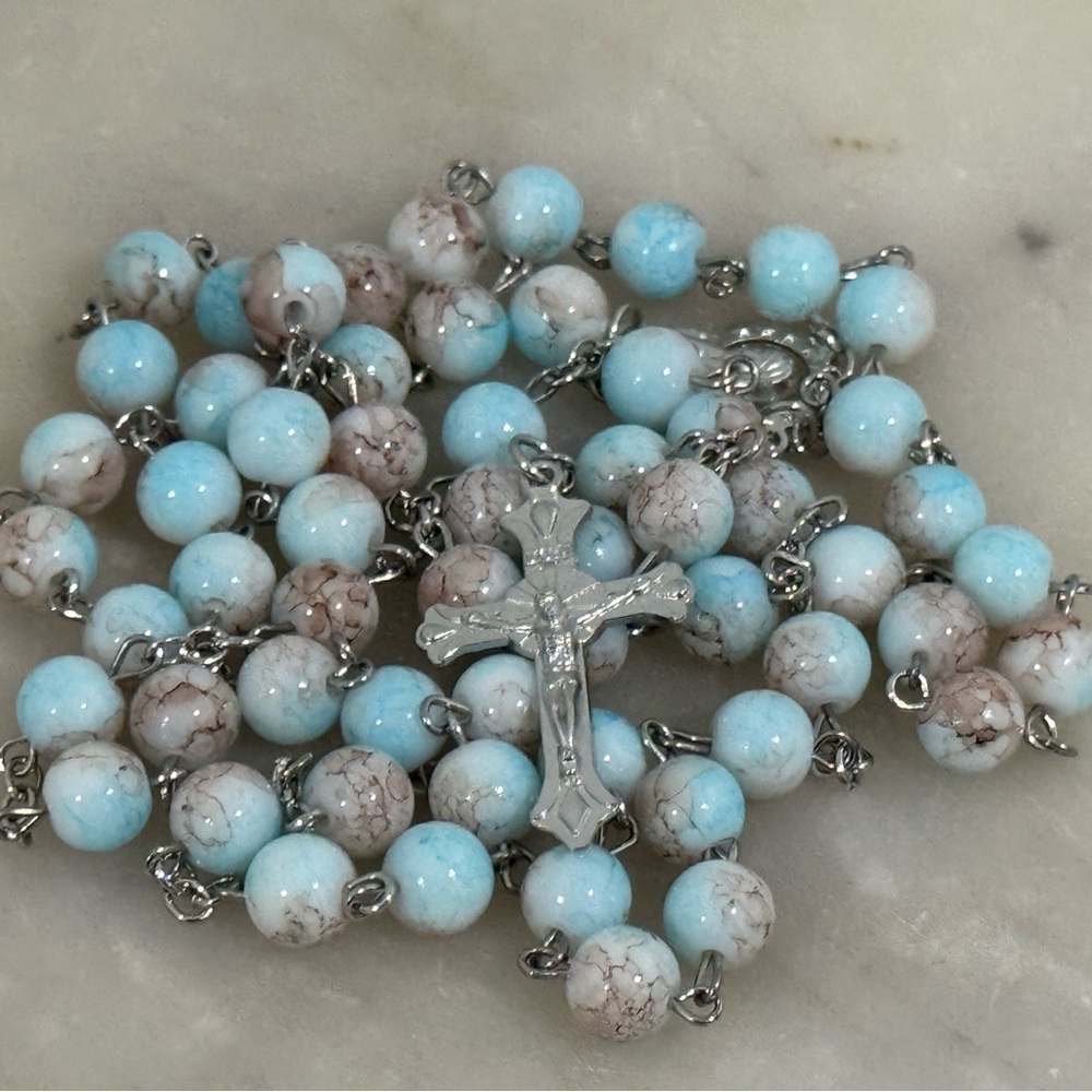 Elegant Silver and Blue Beaded Rosary Necklace